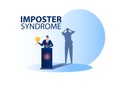 Imposter syndrome.man standing for her present profile with fear shadow behind. Anxiety and lack of self confidence at work the