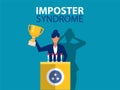 Imposter syndrome.woman standing for her present profile with fear shadow behind. Anxiety and lack of self confidence at work; the