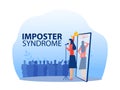 Imposter syndrome.woman standing for her present profile with get award. Anxiety and lack of self confidence at work; the person Royalty Free Stock Photo