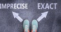 Imprecise and exact as different choices in life - pictured as words Imprecise, exact on a road to symbolize making decision and