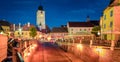 Impresive colors view of Council Tower at evening. Splendid summer cityscape of Sibiu town, Transylvania, Romania, Europe.