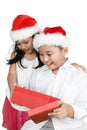 Impressed children open christmas presents Royalty Free Stock Photo