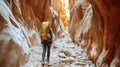 Impressed young woman looking up inside of red stone Canyon Royalty Free Stock Photo