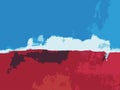 Vector Illustration from Original Painted Landscape Abstract Island Sky Ocean Sea, Red Blue and White Colors Royalty Free Stock Photo