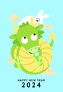 Cute baby dragon with rabbit zodiac animals card