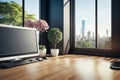 Impression of  Cozy Modern Office Workplace with City View .AI Generated Royalty Free Stock Photo