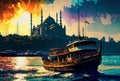 impression of evening ferry in Istanbul