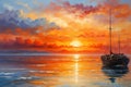 impressionism art lovely sunset, ship on ocean sea and clouds