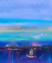 Impressionism image of seascape. Oil paintings with boat, sail on sea Royalty Free Stock Photo