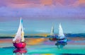 Impressionism image of seascape paintings with sunlight background. Modern art oil paintings with boat, sail on sea.