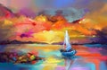 Impressionism image of seascape paintings with sunlight background. Modern art oil paintings with boat, sail on sea.