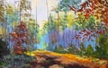 Autumn oil painting. Autumn forest with sunlight. Path in forest through trees with vivid colorful leaves. Royalty Free Stock Photo