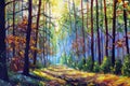 Autumn oil painting. Autumn forest with sunlight. Path in forest through trees with vivid colorful leaves. Royalty Free Stock Photo