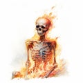 Impressionism Skeleton On Fire Realistic Watercolor Painting By Paulus Potter