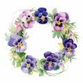 Impressionism Watercolor Pansy Wreath - Detailed Floral Wreath Vector Royalty Free Stock Photo