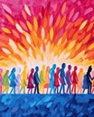 impressionist acrylic painting of diverse group in rainbow colors for pride celebration