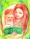 Mother and Daughter Reading at Story Time Impressionist Painting