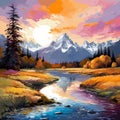 Impressionist art style depicting a majestic mountain range and picturesque valley