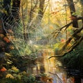 Impressionist artwork of Spiderwebs adorned with morning dew in a misty forest