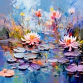 Impressionist Lilies Floating on a Vibrant Pond