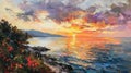 impressionist oil painting, beautiful, dramatic, Puglia Sunset in Italy during Summertime