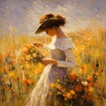 Impressionist Oil Painting Graceful Girl With Flowers In Field