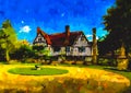 An impressionist oil painting style image of a country manor house