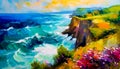 An impressionist oil painting style image of a seaside landscape