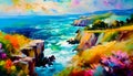 An impressionist oil painting style image of a seaside landscape