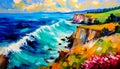 An impressionist oil painting style image of a seaside landscape