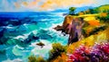 An impressionist oil painting style image of a seaside landscape