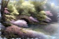 Impressionist painting of japanese garden in bloom