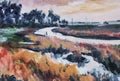 Impressionist painting of river through wetlands Royalty Free Stock Photo