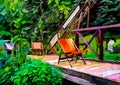 An impressionist painting style image of a garden with walkway bridge, chairs and plants