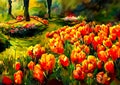 An impressionist painting style image of a landscape with tulips and trees Royalty Free Stock Photo