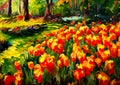 An impressionist painting style image of a landscape with tulips and trees Royalty Free Stock Photo