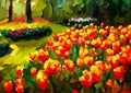 An impressionist painting style image of a landscape with tulips and trees Royalty Free Stock Photo