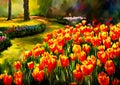 An impressionist painting style image of a landscape with tulips and trees Royalty Free Stock Photo
