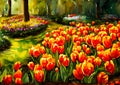 An impressionist painting style image of a landscape with tulips and trees