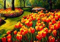 An impressionist painting style image of a landscape with tulips and trees Royalty Free Stock Photo