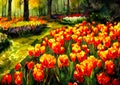 An impressionist painting style image of a landscape with tulips and trees Royalty Free Stock Photo