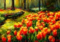 An impressionist painting style image of a landscape with tulips and trees Royalty Free Stock Photo