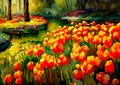 An impressionist painting style image of a landscape with tulips and trees Royalty Free Stock Photo