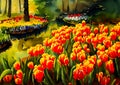 An impressionist painting style image of a landscape with tulips and trees Royalty Free Stock Photo