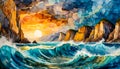 An impressionist painting style image of a seaside landscape