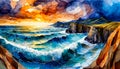 An impressionist painting style image of a seaside landscape