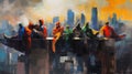 Impressionist painting superheroes in city. Illustration Generative AI