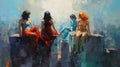 Impressionist painting superheroes in city. Illustration Generative AI
