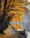 Impressionist Painting of Vivid Yellow Autumn Lakeside Path and Boat in Bright Sunshine Royalty Free Stock Photo