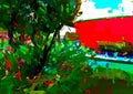 Impressionist style colour sketch of a design for a town garden with a red wall Royalty Free Stock Photo